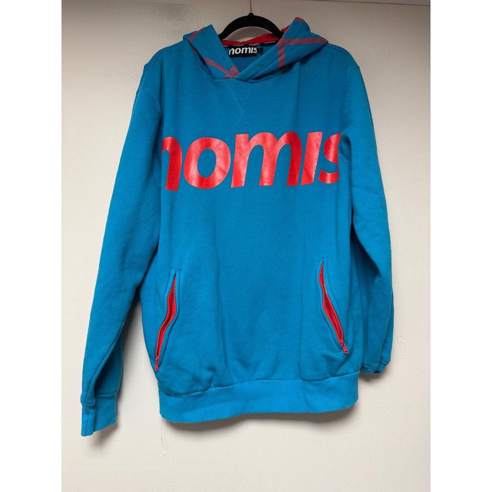 Nomis Snowboarding Hoodie Mens Large‎ Blue Red Logo Zipper Pockets Pullover